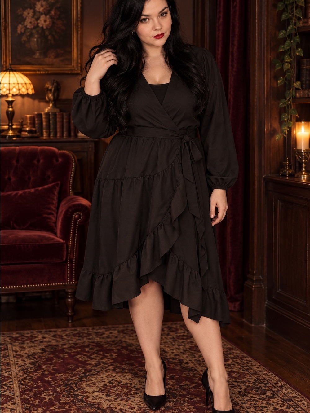 Chic Gothic Wrap-Front Black Ruffle Midi Dress - Women's plus size 2x
